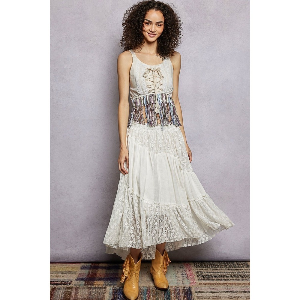 POL Lace-Up Fringe Hem Tank with Lace Detail - Large - Picture 5 of 6